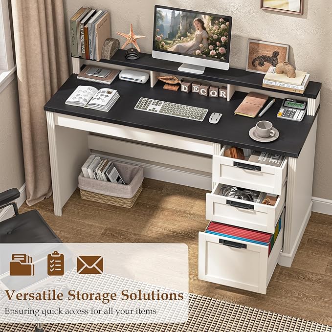 Vabches 55" Farmhouse Executive Desk with 3 Drawers, Wooden Computer Desk, Home Office Desk with File Drawer (Fits A4 Size) for Work and Study, White and Black