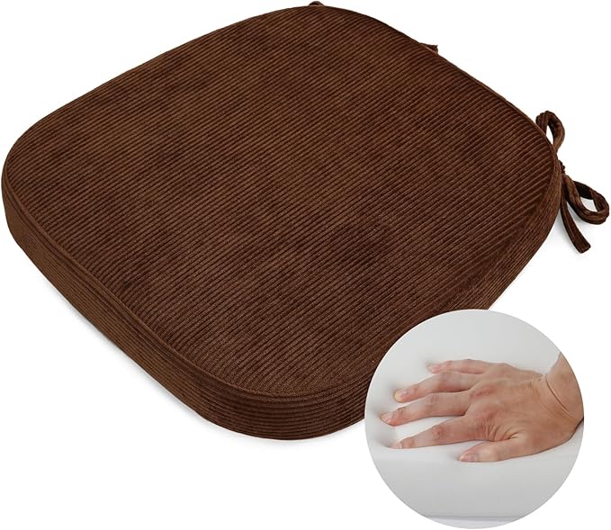 2.5" Thick Chair Cushions for Dining Chair, Corduroy High Density Foam Kitchen Chair Pads, U Shaped Indoor Seat Cushions with Ties & Non-Slip Backing, Washable Cover, 17''x16.5'', Brown