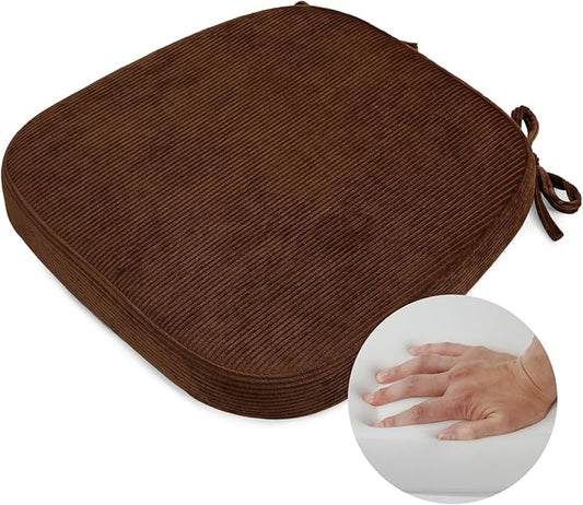 2.5" Thick Chair Cushions for Dining Chair, Corduroy High Density Foam Kitchen Chair Pads, U Shaped Indoor Seat Cushions with Ties & Non-Slip Backing, Washable Cover, 17''x16.5'', Brown