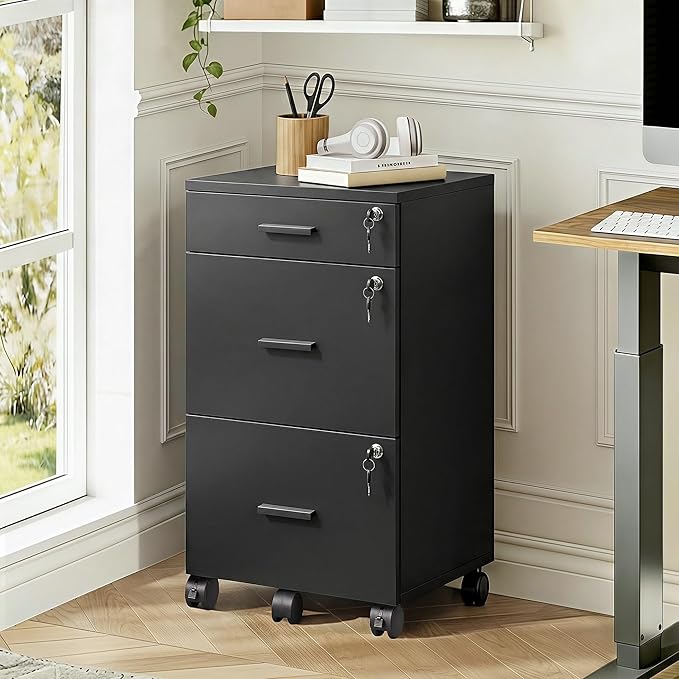 DEVAISE 3 Drawer File Cabinet with Lock & Wheels, Wood Printer Stand, Mobile Filing cabinets for Home Office, Fits Letter/A4 Size, Black