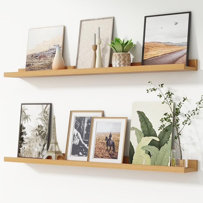 FLYJOE Picture Ledge Shelf, Floating Shelves Set of 2, 44 Inches Nursery Book Shelves for Toys Storage, Kids Bookshelf Wall Mounted for Living Room Bedroom Decor Books Photo Frames, Natural Oak