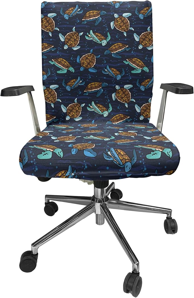 Ambesonne Under The Sea Office Chair Cover, Graphical Layout of Sea Turtles Cartoon Ocean Lifestyle, Stretchable Decorative Universal Size High Back Printed Slipcover, Navy Brown