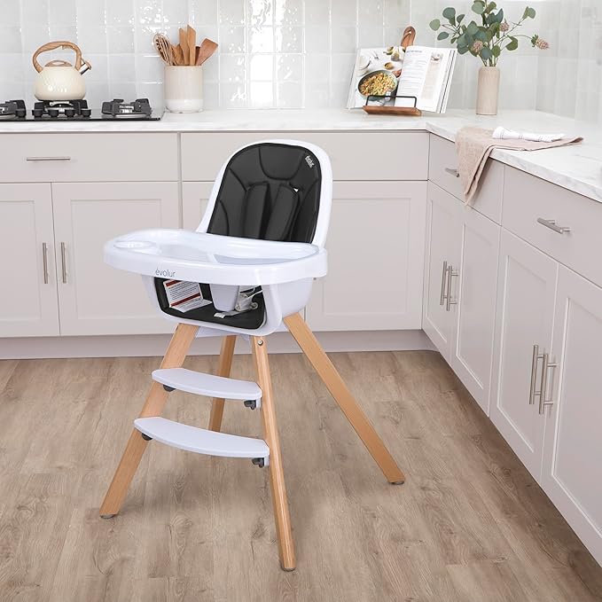 Evolur Zoodle 2-in-1 High Chair for Baby & Toddler – Convertible High Chair to Toddler Chair, Padded Seat, 5-Point Safety Harness, Dual Dishwasher-Safe Trays, Solid Beechwood Legs – Black