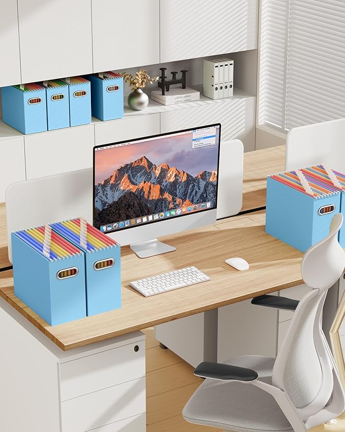 Oterri File Organizer Box, Portable Collapsible Cardboard File Folder Organizer with Handle for Letter Size Hanging Files, Document Storage Box for Home Office & Classroom (6 Packs, Blue)