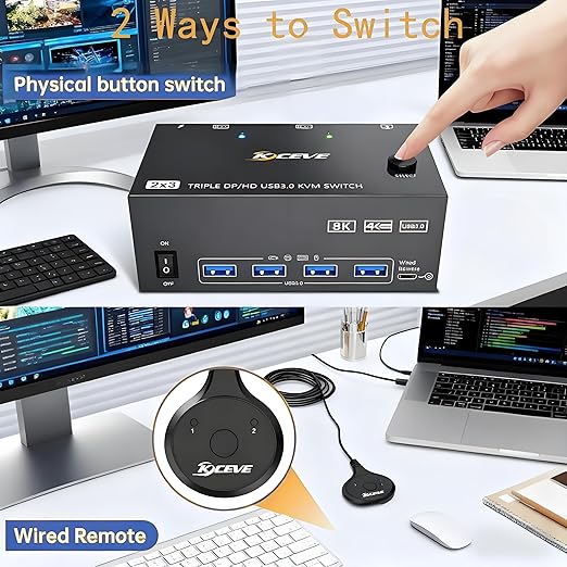 8K KVM Switch 3 Monitors 2 Computers 8K@60Hz 4K@144Hz,3 Monitors KVM Switch for 2 Computers Sharing Triple Monitors,Keyboard,Mouse,Printer with 2*USB3.0 Cables,Power Adapter and Controller