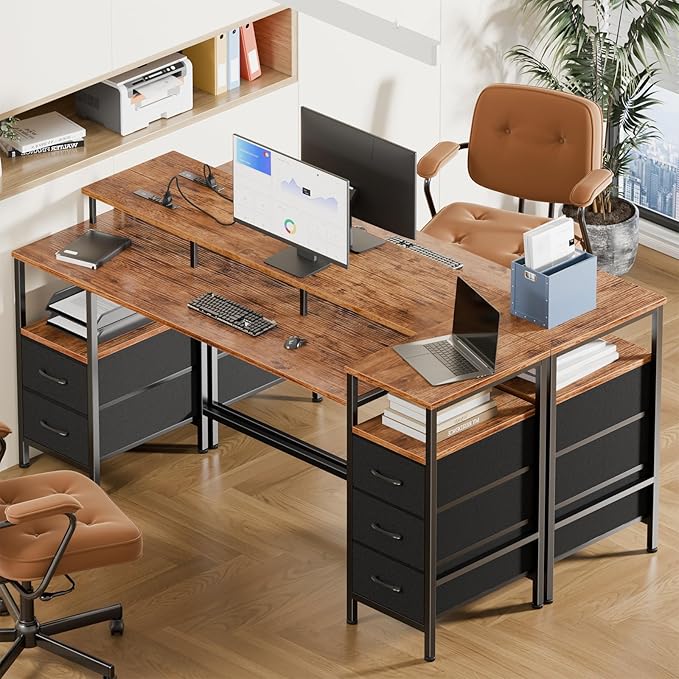 Korfile 61 Inch Gaming Desk with Power Outlets and LED Lights, Reversible Computer Desk with 5 Fabric Storage Drawers, Home Office Desk with Monitor Stand for Working Writing Study, Rustic Brown