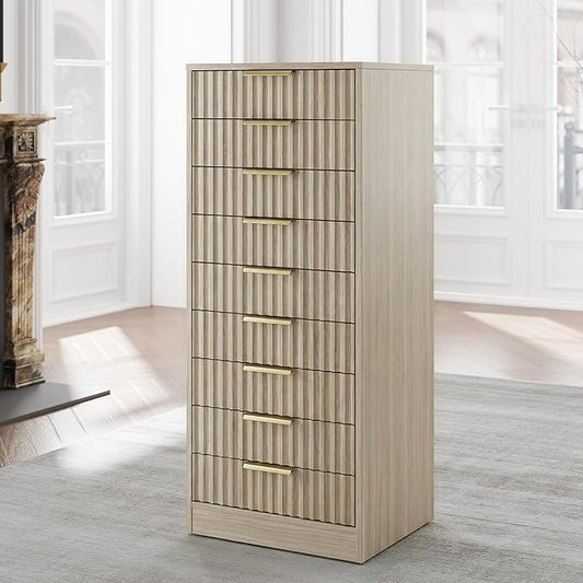 9 Drawer File Cabinet, Wooden Office Cabinet with Drawers, Fluted Storage Filing Drawer for Home Office, Light Walnut