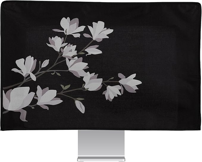 kwmobile Dust Cover for 27-28" Monitor - Linen Monitor Protector with Design - Magnolias Taupe/Brown/Black