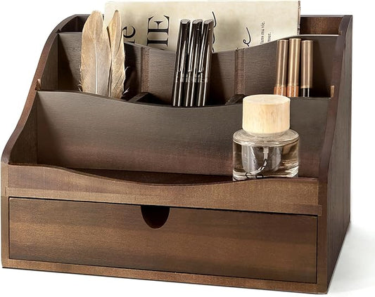 Rebee Vision Acacia Wood Mail Organizer for Desk – Retro Countertop Mail Holder with Dividers – 4-Slot Letter Sorter for Office Accessories – Desktop Organizer for Home Decor (Dark Acacia)