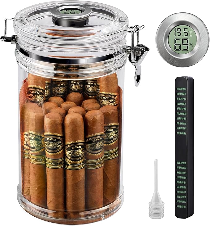 XIFEI Acrylic Humidor Jar with Digital Hygrometer, Tall Design Storage Case Fits Long Cigar, Humidifier & Spanish Cedar Wood Veneer, Portable Travel Humidor for 15-20 Cigars