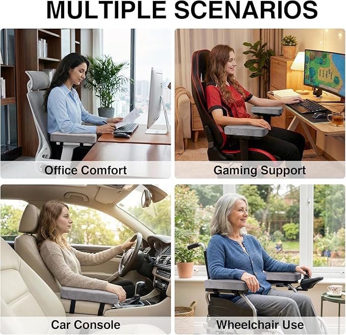 Smiry Ergonomic Office Chair Armrest Pads, Memory Foam Arm Rest Covers, Non-Slip Armrest Cushion with Adjustable Buckles and Straps, Elbow Relief for Desk, Gaming & Wheelchair (Grey, Set of 2)