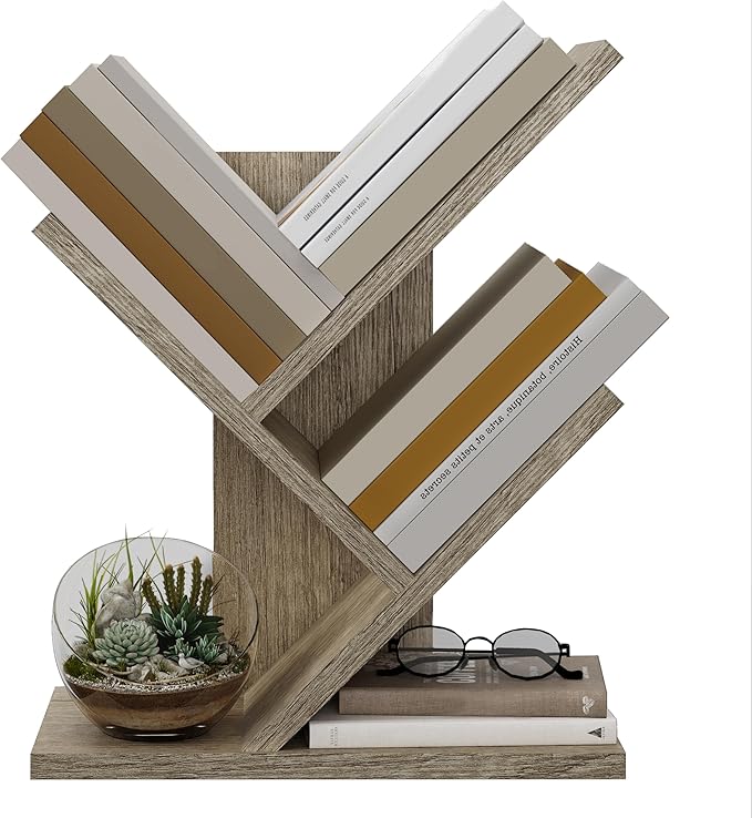 Tajsoon 3 Tier Tree Bookshelf, Small Bookshelf, Desktop Bookshelf Floor Standing Bookcase Display for CDs/Magazine/Books, Book Organizer Shelves for Bedroom, Living Room, Office, Greige