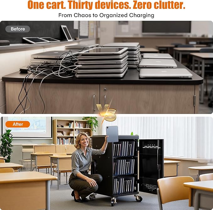 Laptop Charging Cart,30 Charging Station for Chromebook and iPad - Black Computer Charging Cart with Cable Management & Charger Organization for School Classroom & Office, Assembly Required
