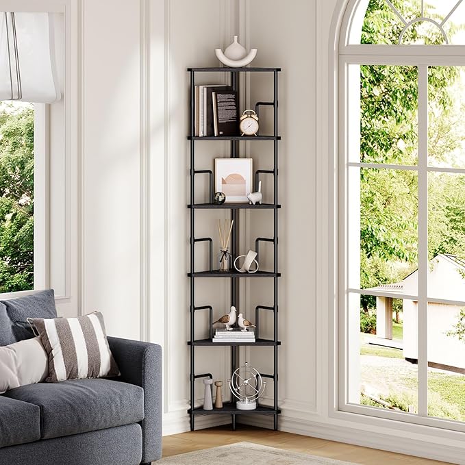 MAHANCRIS 65" Corner Shelf, 6-Tier Industrial Corner Bookshelf with Metal Frame, Small Plant Stand, Display Shelf for Living Room, Bedroom, Home Office, Small Spaces, Black CSBK6601