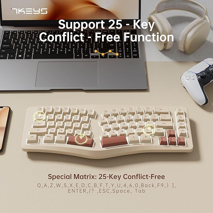 7KEYS Wired Ergonomic Keyboard, Compact Mini Split Keyboard 69 Keys, 14+ RGB Backlight, Detachable USB Type-C Cable, Natural and Comfortable Typing for Desktop PC Laptop Windows MAC (Retro Beige)