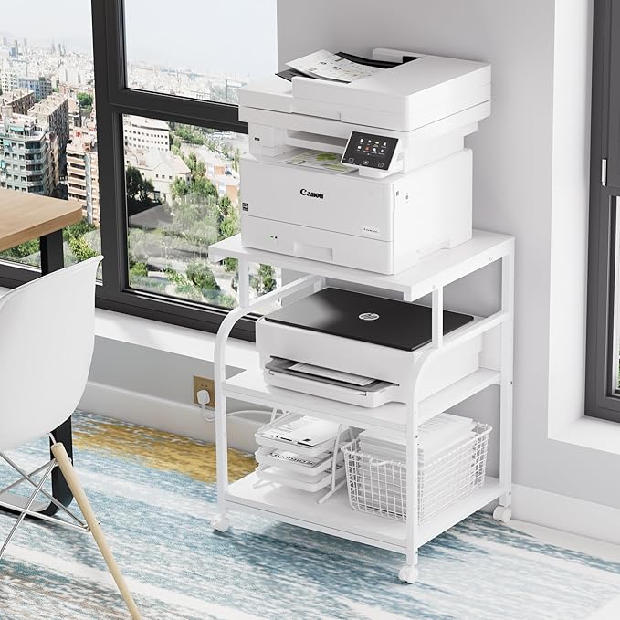 VECELO Adjustable Large Printer Stand with Power Outlet, 3-Tier Heavy Duty Cart on Lockable Wheels, Office Storage Table for Home Office, 3D Printer, Fax Machine, Scanner, Classic White