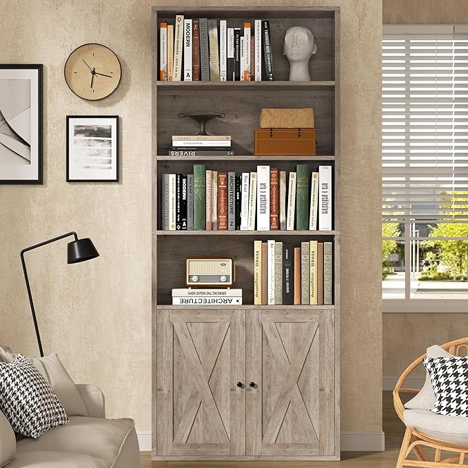 Modern Bookshelf with Doors, Industrial Bookshelves with 6-Tier Shelf, 71 inches Tall Bookcase Display Cabinet with Storage for Home Office, Gray