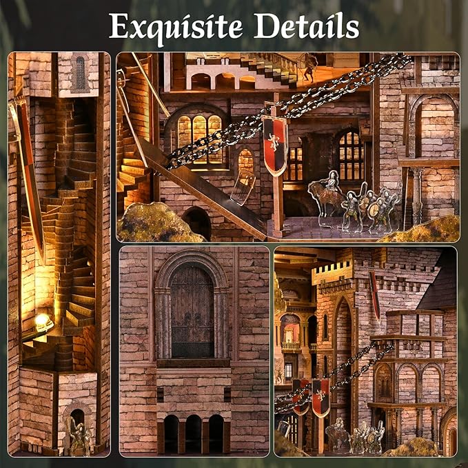 MiniCity DIY Book Nook Kit - The Castle's Escape 3D Miniature Wooden Scene with LED Lights, Dustcover & Tools for Shelf Decor (Robin Hood)