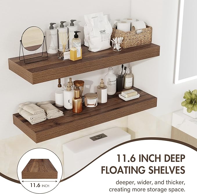 Acovy 40 Inch Floating Shelves, 12" Deep Floating Shelf Wall Mounted, 40" Wall Shelves, Rustic Deep Bookshelf, Extra Deeper & Thicker Display Shelves for Bedroom, Living Room, Walnut, Set of 2