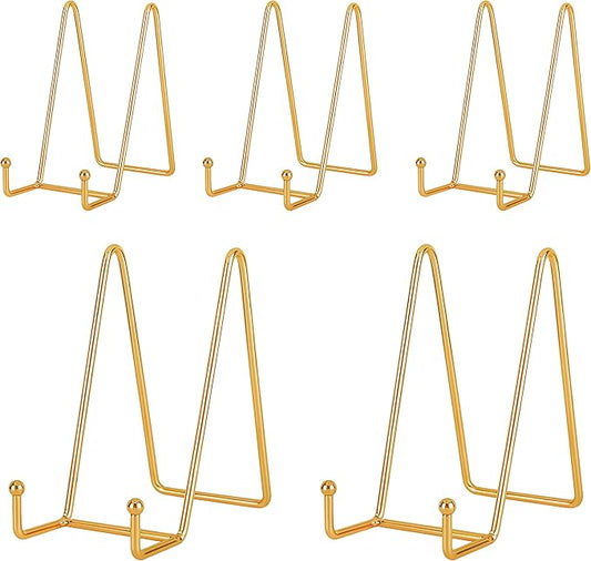 IBosins 5 Pack 6 Inch Plate Holder Display Stands, Metal Gold Frame Stand for Picture, Book, Photo Easel, Creation, Collectibles
