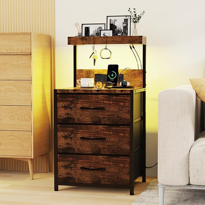 SZLHANJZ Nightstands Set of 2, End Table with LED Light and Charging Station Type C, 3 Drawers Storage Night Stand with Hooks, Tall Bed Side Table for Bedroom Dorm, Rustic Brown