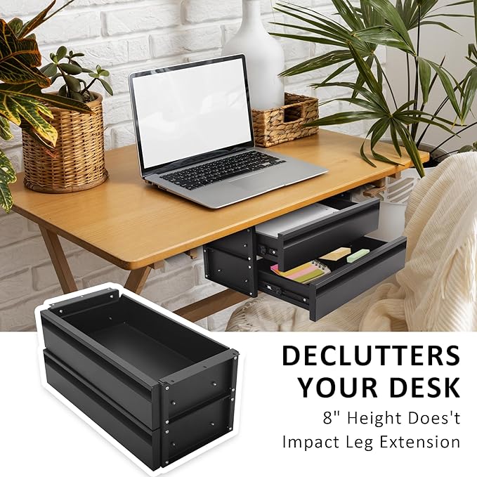 15 in 2-tier Under Desk Drawer,Adjustable Height, Under Desk Drawer Slide Out with Slide Extension Mounted Under Flat Wooden Table, Carbon Steel Hidden Desk Drawer for Office & Home