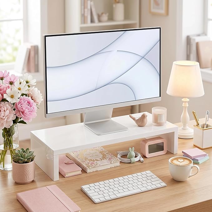 Wood Monitor Stand Riser for Desk - Ergonomic Computer & Laptop Stand with Under-Desk Storage, Single-Tier, Sturdy Desktop Organizer for Home Office, Printer & Monitor Holder, 19.7 x 6.2 x 2.63 in (White)