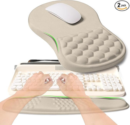 2-in-1 Ergonomic Set, Wave Rise Keyboard Wrist Rest and Massage Bulge Slope Mouse Pad Wrist Support, Cushion Memory Foam Integrated to Relieve Wrist Pain, Apricot