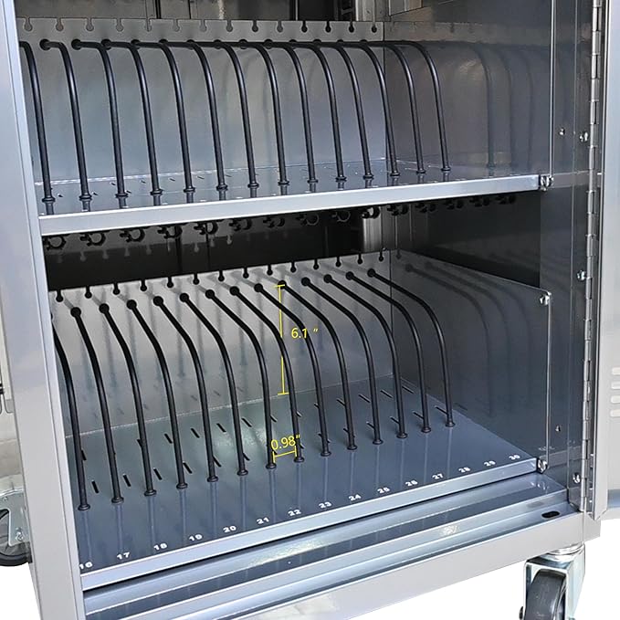 36 Device Charging Cart, Laptop and Tablet Storage Cart, Holds Up to 16.3" with Cord Management, Front and Rear Door Locks, Classroom or Office Charging Cabinet.Silver with 4 Position Power Strip