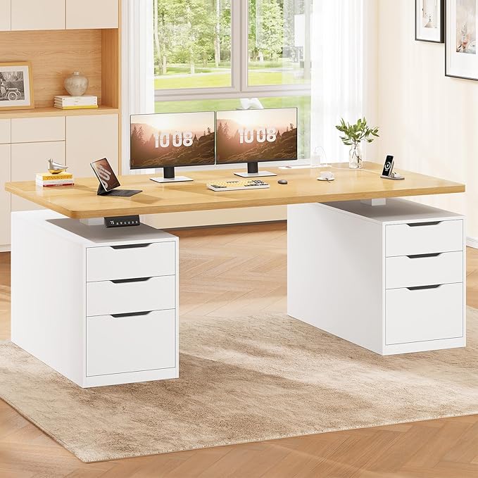 SEDETA Electric Standing Desk with 6 Drawers, 55" Adjustable Stand up Desk with Storage, Computer Desks with Power Outlets for Home Office, White + Oak