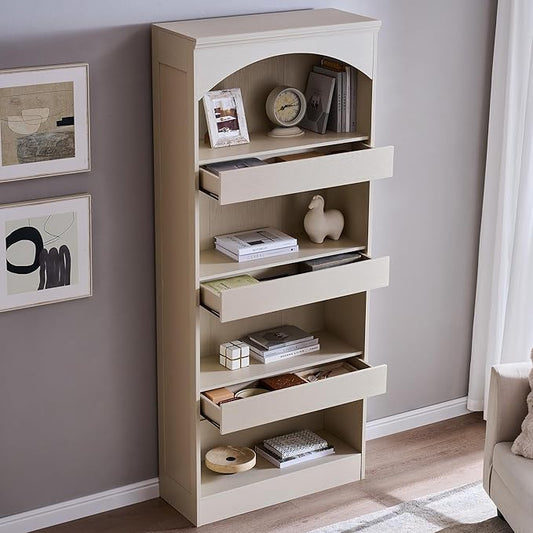 IFGET 76" Tall Arched Bookcase with 1PC Magnetic Lock Drawer, Modern Wooden Arch Bookshelf w/3 Pull-Out Drawers, Farmhouse 4 Tiers Book Shelf w/Open Shelves for Living Room, Office (Cream)