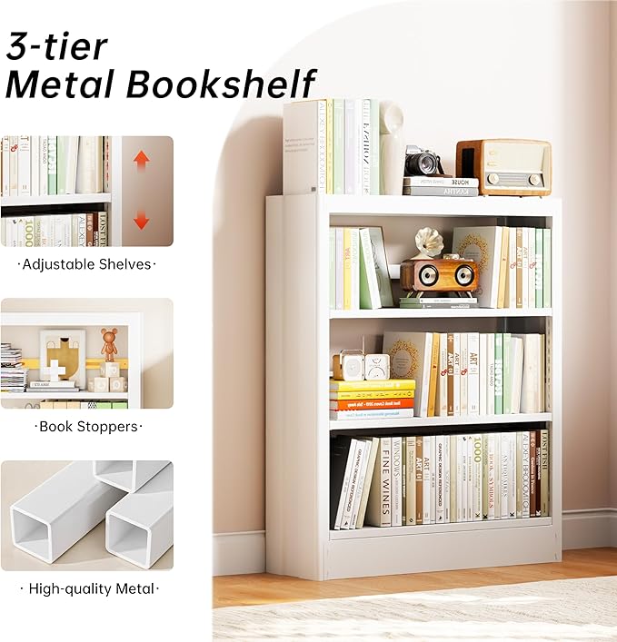 3-Tier Bookshelf with Adjustable Shelf, Metal Bookcase with Anti-Tip Kit & Book Stopper, 39.4" H Inch Small Bookcase for Living Room, Office, Small Spaces (White(3-Tier Bookshelf))