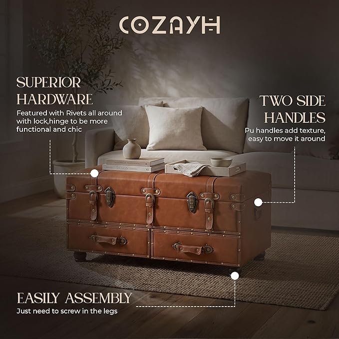 COZAYH Vintage Mid-Century Faux Leather Storage Ottoman Accent Bench - Upholstered Padded Chest for Entryway, Bedroom, Living Room, Tan
