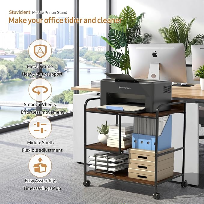Printer Stand Large Storage for Office: Sturdy Steel Frame Mobile and Printer Table with Adjustable Storage Shelf - Easy Installation and Stability Design Table with Wheels for Scanners Paper File
