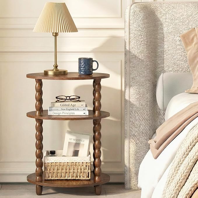3-Tier Oval Side Table with Solid Wood Legs, Small End Table with Storage Shelves for Living Room Bedroom, Modern Night Stand Accent Table for Small Spaces, Easy Assembly