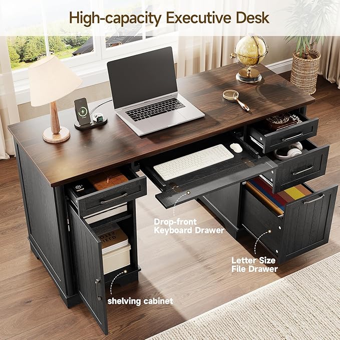 ONBRILL 56" Large Executive Desk with Drawers,Modern Farmhouse Home Office Desk with Charging Station, Wood Computer Writing Desk with File Drawer for Study Work Bedroom Living Room Black
