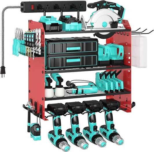 4 Layer Heavy Duty Power Tool Organizer Wall Mount with Charging Station, Adjustable Metal Storage Rack, 6 Outlets Power Strip, Drill Holders, Hooks & Drill Bit Rack for Garage, Workshop, Red