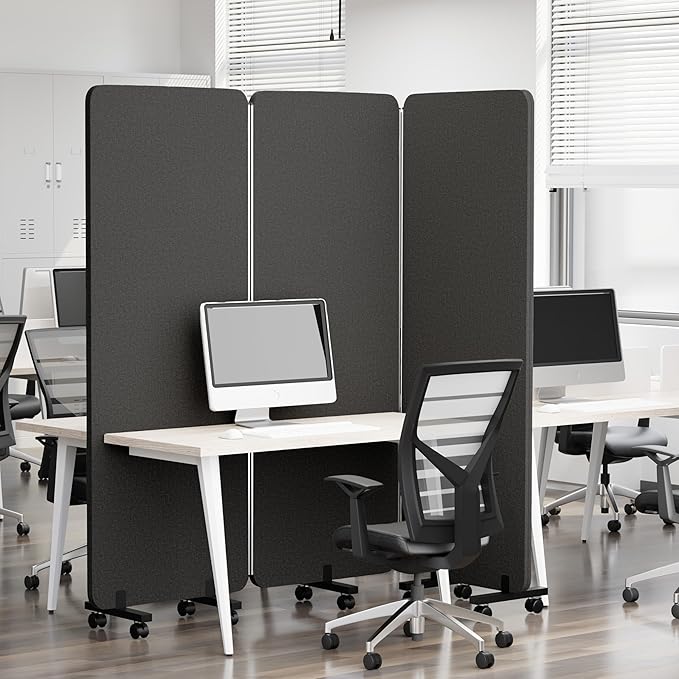 3 Panel Foldable Office Partitions, Mobile Cubicle Wall with Wheels, 71 x 66 Inch Noise Cancelling & Sound Proof Room Dividers Partition Wall, Aluminum Frame Dark Gray