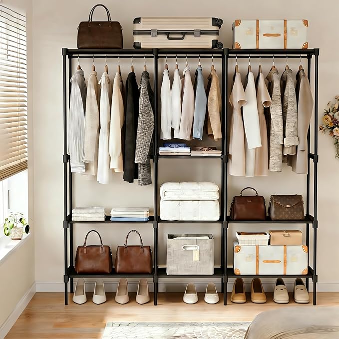 Simple Deluxe Clothes Rack, Heavy Duty Clothing Rack, 4-Shelf Portable Adjustable Wardrobe Closet with Hanging Rods, 74.2" W x 15.5" D x 77.1" H, Black
