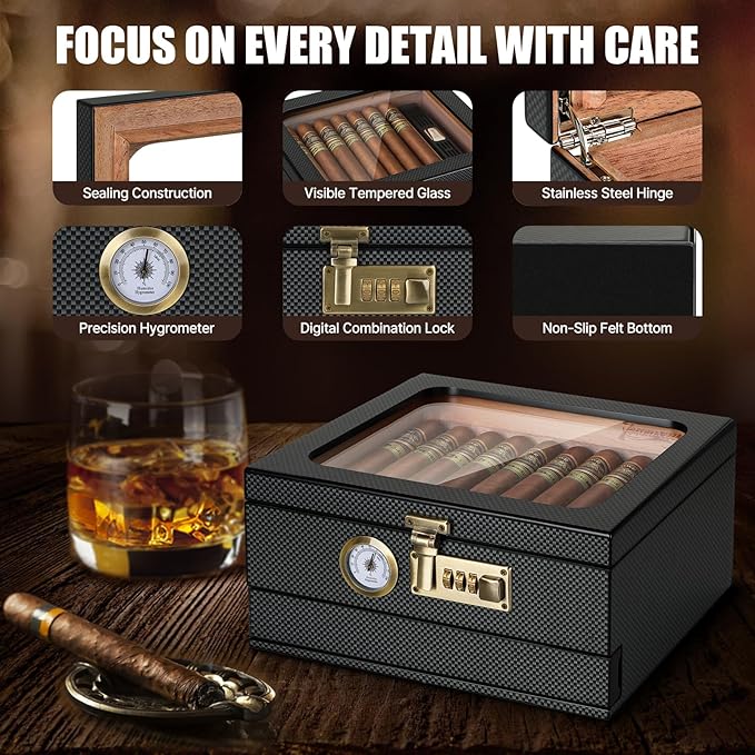 Tesonway Cigar Humidor, Cedar Wood Humidor Cigar Box, Glass Top Desktop Humidor with Front Hygrometer, Humidifier, Divider, Accessories Drawer and Combination Lock, Cigar Gifts for Men (Carbon Black)