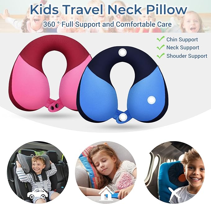COOLBEBE Kids Travel Neck Pillow 2PCS Softly Headrest Travel Pillow for Car & Airplane, Traveling Gifts for Toddler & Children (Blue & Pink)