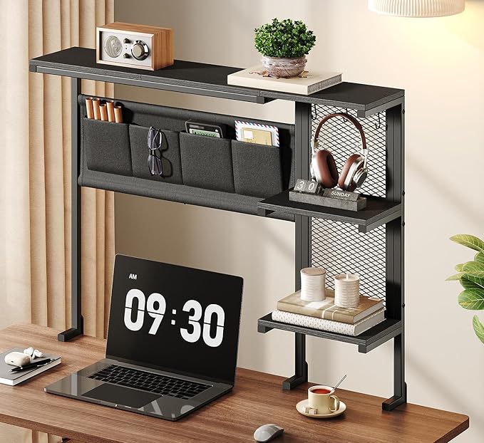 Clamp on Desk Shelf with Pegboard, Above Desk 3-Tier Extender Shelf, Desktop Bookshelf with Hooks, Desktop Organizer for Office Desk Accessories, Tabletop Storage Rack, 38.3" W x 33" H, Black