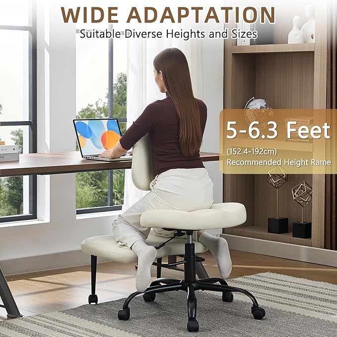 Criss Cross Legged Meditaion Chair,Exquisite Home Office Furniture,Ergonomic Kneeling with Lumbar Support and Adjustable Height Stool,for ADHD Adults,Teddy Fabric (White, Faux Leather)