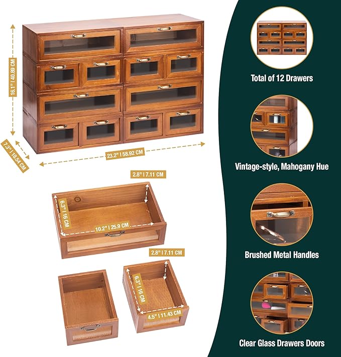 Modular Stackable Fully Assembled Set of 4 Storage Drawers - 12 Drawer See-Through Display Cabinets - 4-Level Desktop Organizer - Wood Box w/Metal Handle Collectible Card Bedazzling Decluttering