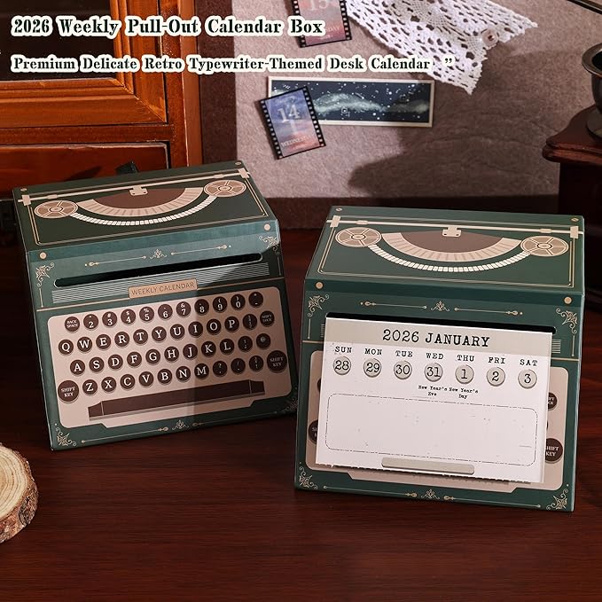 2026 Calendar with Pull-Out Box, Desktop Decoration Weekly Calendar Vintage Typewriter Themed with Tear-off Sheet, Holiday Marking, Ideal New year Gift for Teenage Women Desk accessory Lover