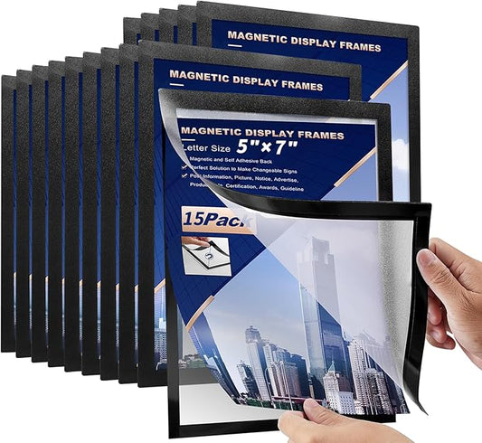 15 Pcs Magnetic Signs Holder, for 5" x 7" Letter, Sturdy PVC Magnetic Document Holder, Magnetic Picture Poster Frame, Can Self-Adhesive Wall/Door/Window or Magnetic for Refrigerator