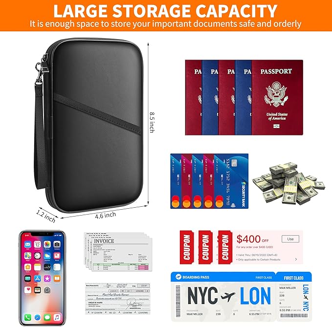JUNDUN 2500℉ Fireproof Family Passport Holder,RFID Blocking Upgraded Material Fireproof Passport Wallet for 4,Travel Document Organizer Case with Zipper for Passport and Card