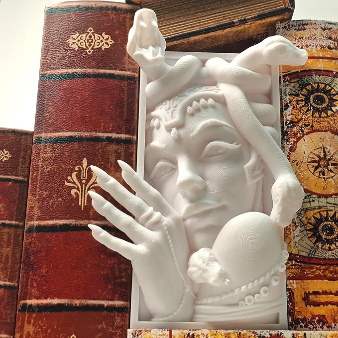 Medusa 3D Printed Book Shelf Decor, Mythical Ornament Figurine Statue for Home Office, Lightweight Art Collectible Gift for Friend (White Medusa)