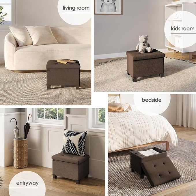 Storage Ottoman Cube with Small Bin, 16-in Square Ottoman with Storage for Living Room and Bedroom, Small Ottomans Foot Rest, Fabric Foot Stools Ottomans Max 330lbs, Brown