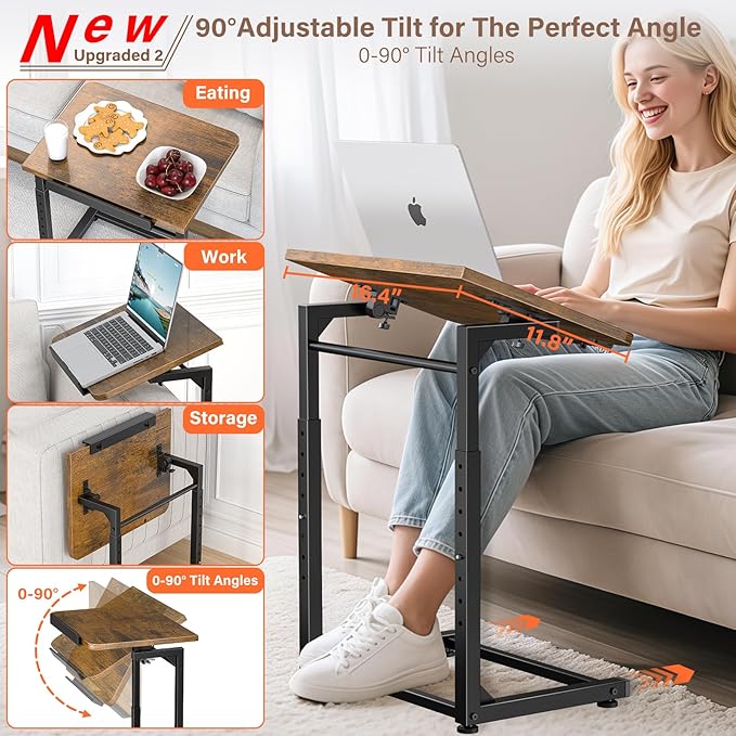 Tv Tray Table Set of 2, 8-Level Adjustable Height Couch Side Table，90° Tilt Angle Adjustments C-Shaped End Table, with Phone & Tablet Slot Sofa Computer Desk for Couch, Sofa, Bed, Chair, Living Room